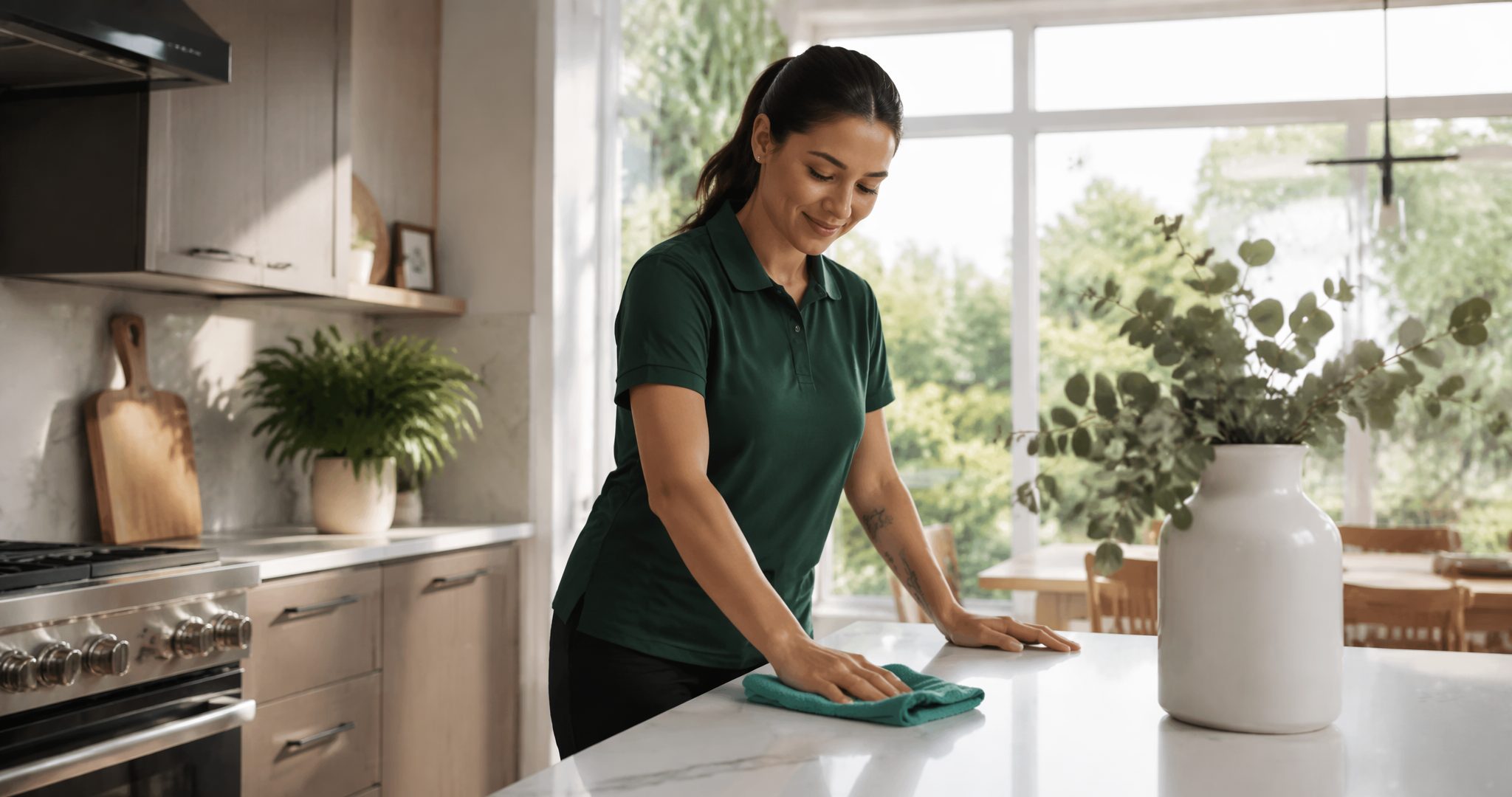Professional Clean Sweep GTA cleaner wiping a bright modern kitchen counter