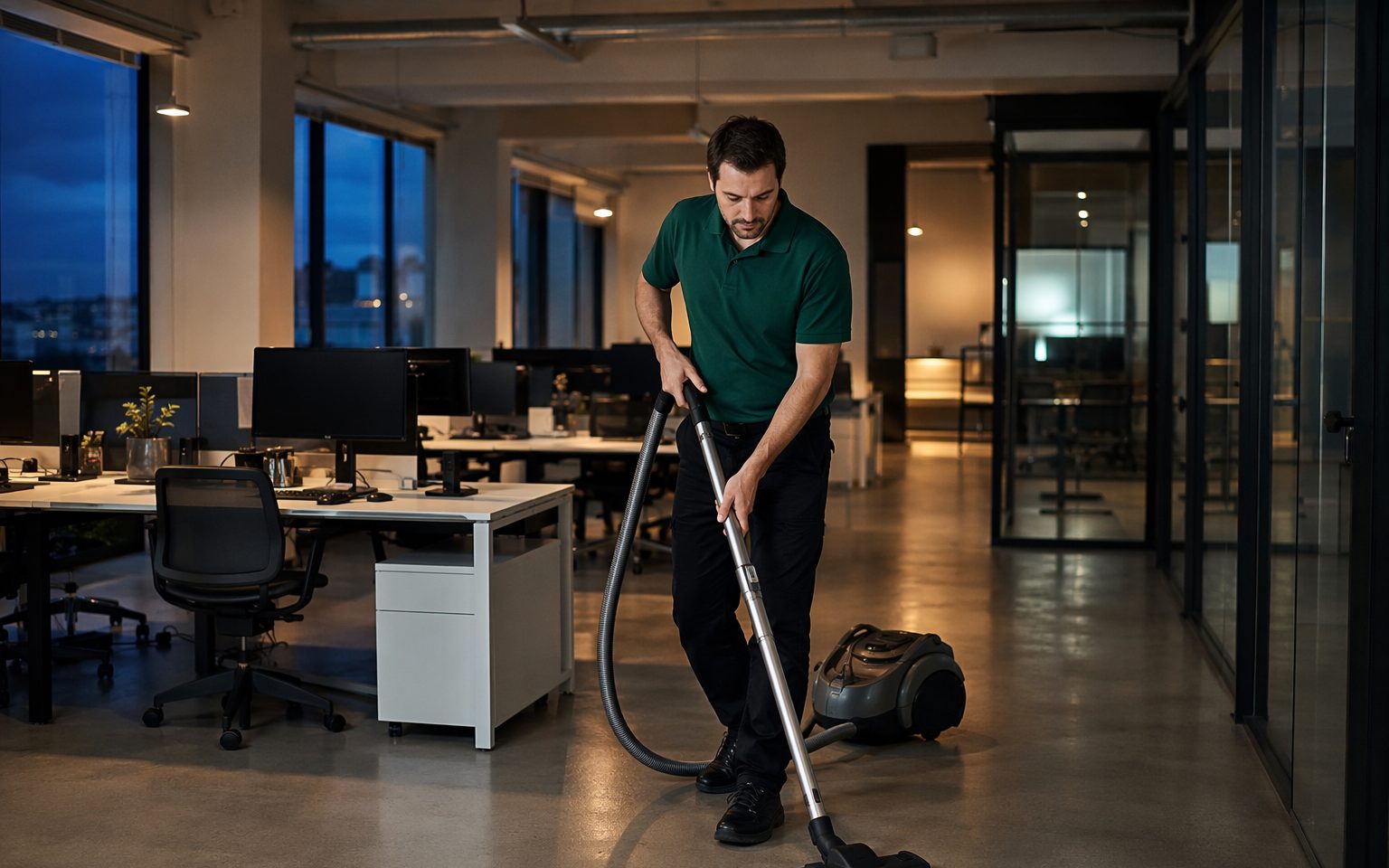 Professional cleaner vacuuming a modern office