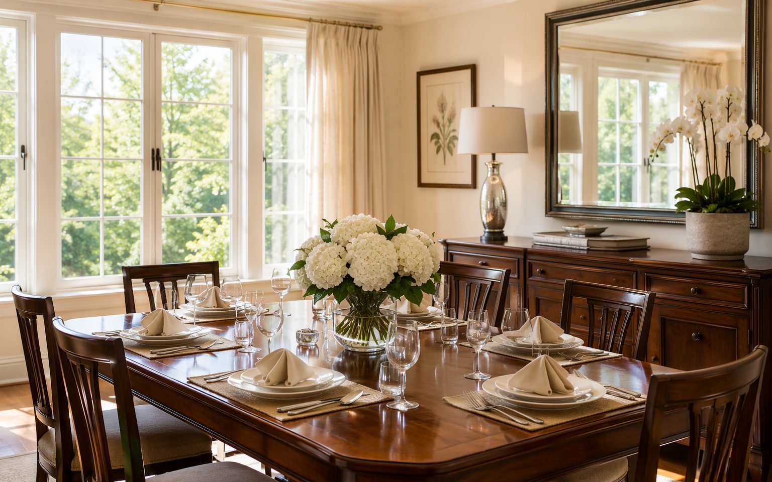 Spotless dining room prepared for guests