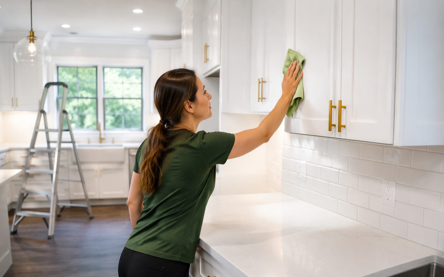Wiping down newly renovated kitchen cabinets